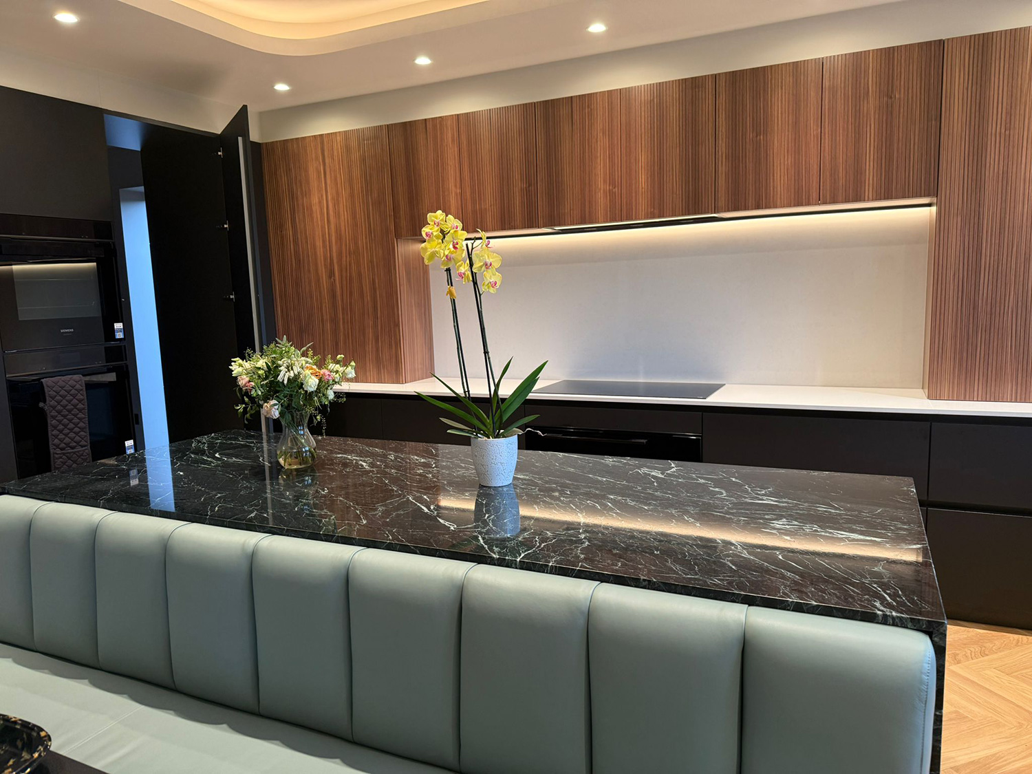 Verde Alpi Marble Island & White Quartz Worktop